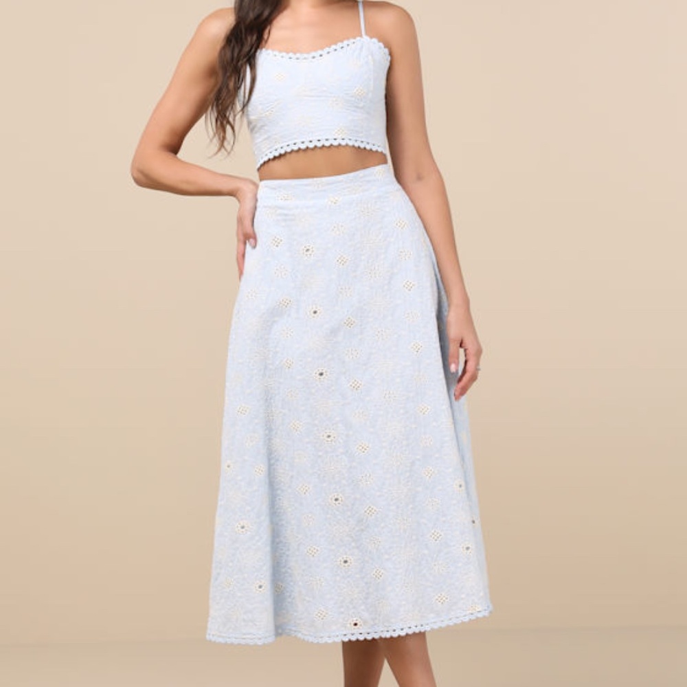 Lulu's Light Blue Eyelet Midi Skirt